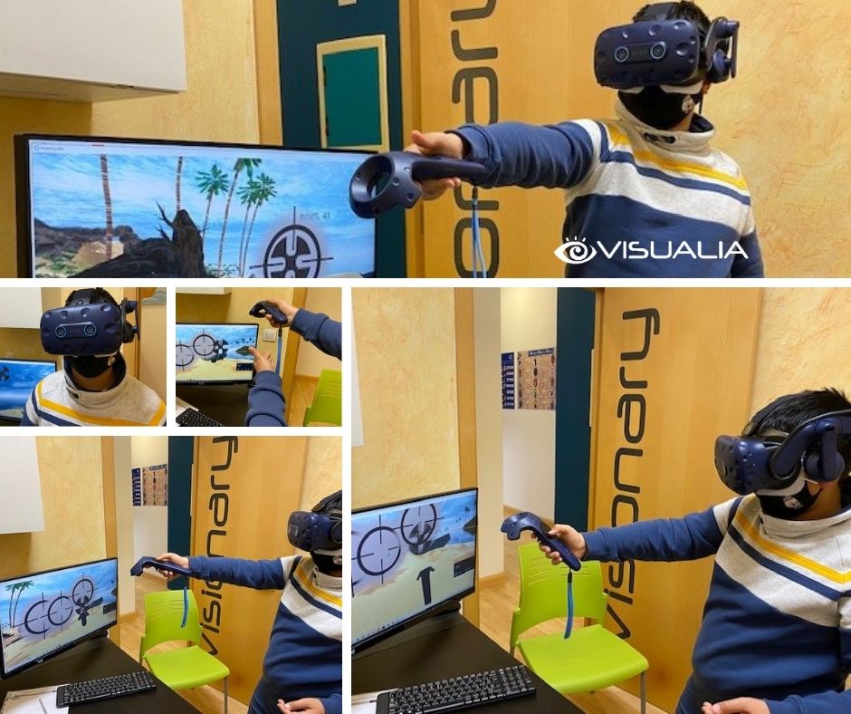 Paciente probando gafas de realidad virtual en terapia visual en Visualia, Assturias