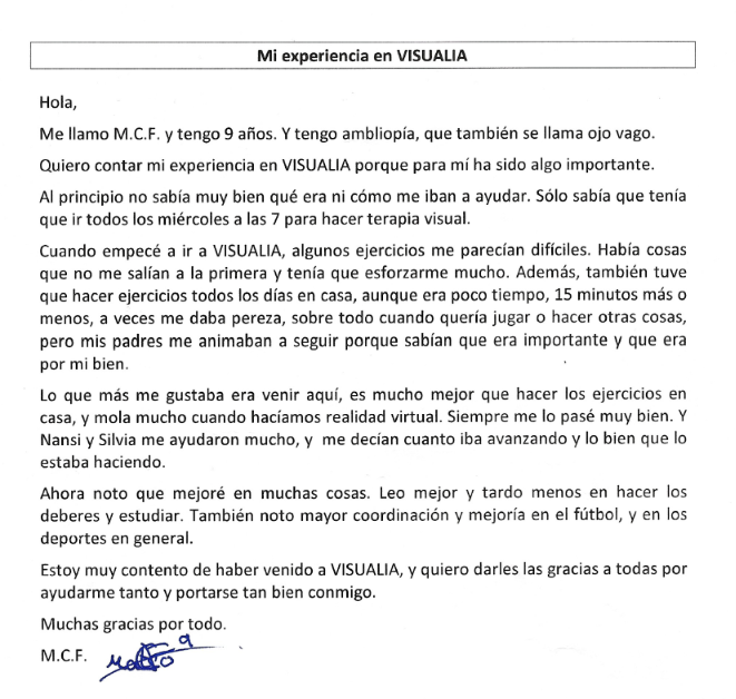 Testimonio de paciente de Terapia Visual en Asturias: M.C.F, ambliopía (ojo vago), 9 años