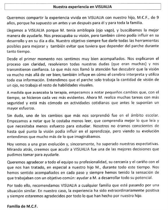Testimonio de los padres de paciente de Terapia Visual en Asturias: M.C.F, ambliopía (ojo vago), 9 años